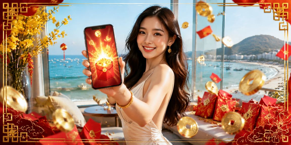 Người dùng tại bãi biển Vũng Tàu nhận thưởng và kiểm tra giao dịch tài chính trên điện thoại